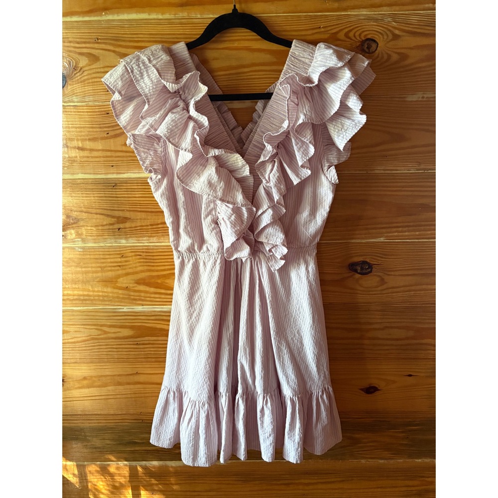 Karlie Lavender White Pinstripe Ruffle Seersucker Mini Dress V-Neck Size M